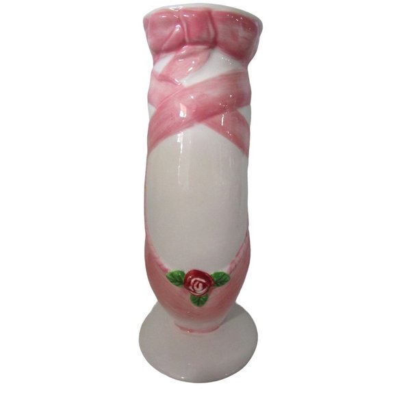 Ballet Slipper Point Shoe En Pointe Vase Pink Red Rose Accent Small Bottom Chip - Picture 1 of 12